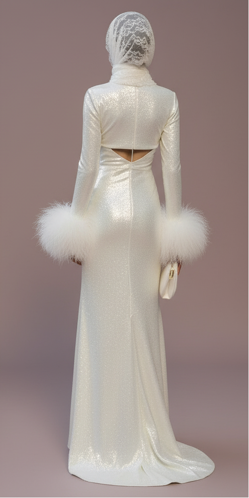 Elegant Modest Muslim Wedding Dress with Long Sleeves, Hooded Hijab & Feather Cuffs