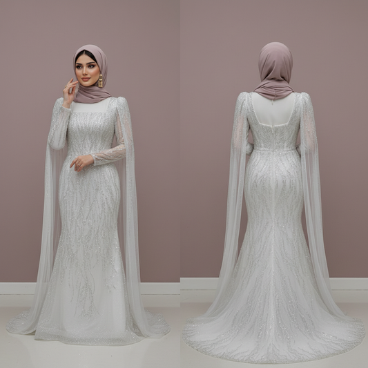 Luxury Dubai Style Muslim Bridal Dress with Appliques Flowers and Hijab