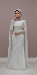Luxury Dubai Style Muslim Bridal Dress with Appliques Flowers and Hijab WHITE