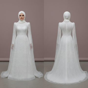 Handmade Muslim Bridal Dress for Women Arabic Dubai Style, Tulle Gown