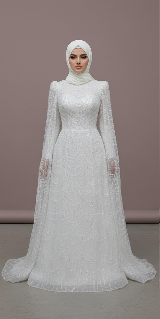 Handmade Muslim Bridal Dress for Women Arabic Dubai Style, Tulle Gown WHITE
