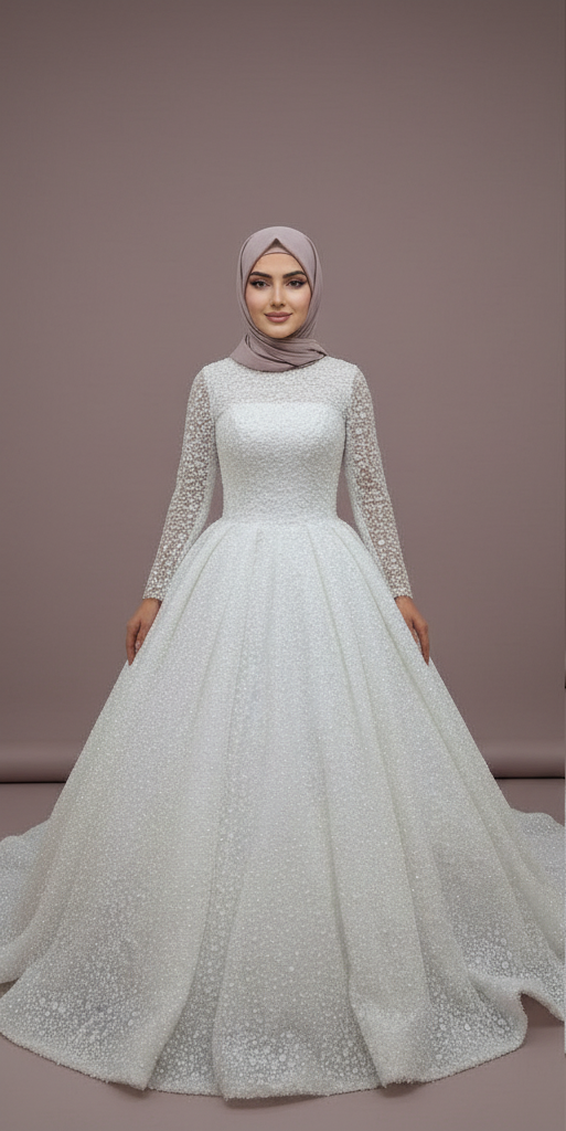 Custom Made Muslim Wedding Dress for Women with Floral Appliques and Long Sleeves