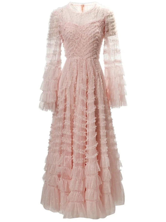 Hearty pink Tulle Prom Dress A-Line Long Flare Sleeves Tiered Ruched Floor Length Ruffle Evening Dress robes de soirée