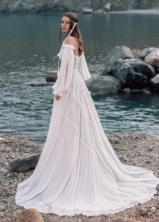 Ethereal A-Line Beach Wedding Dress with Long Sleeves, Off-Shoulder Neckline & Flattering Natural Waistline for a Bohemian Bridal Look