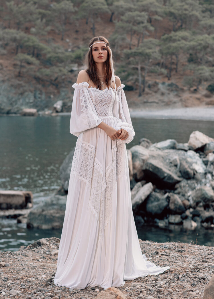 Ethereal A-Line Beach Wedding Dress with Long Sleeves, Off-Shoulder Neckline & Flattering Natural Waistline for a Bohemian Bridal Look