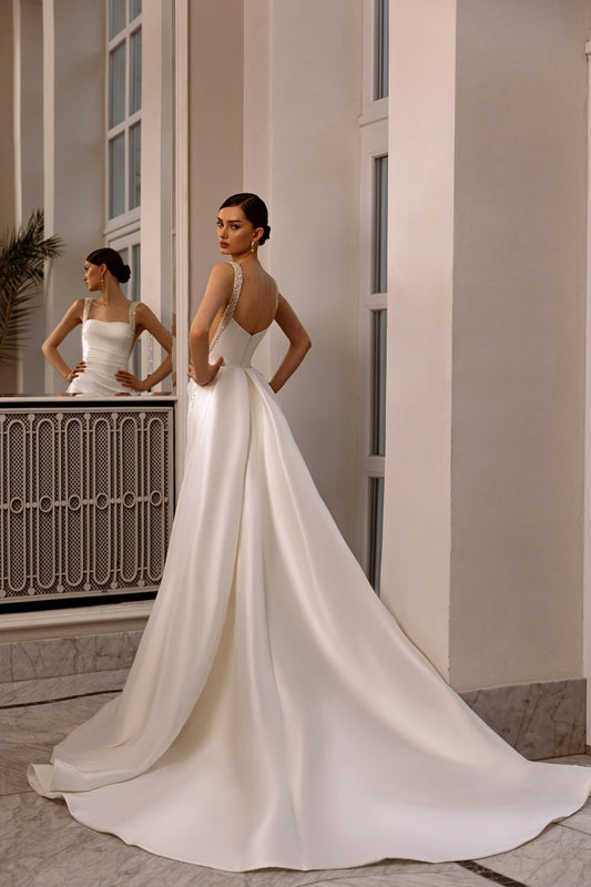 Elegante Seidensatin -Meerjungfrau Hochzeitskleid abnehmbarer Zug Glitzer -Träger Perlen Bridal Formalkleider anmutig Vestidos de Novia