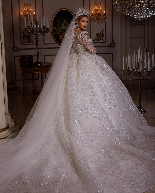 Bollklänning kungliga bröllopsklänningar älskling långärmad mantel de mariee spets pärlstav prinsessan glitter vestido de novia