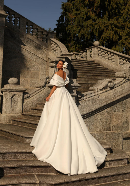 Satin Wedding Dresses A Line Off the Shoulder Pleat Bride Gowns Pretty Open Back Sweep Train Vestido De Novia Customized - Camilla's