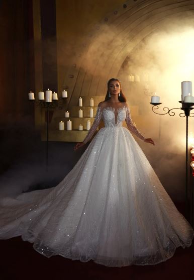 Arábia glitter rendas vestidos de casamento brilhante fora do ombro mangas compridas listrado vestidos de noiva brilhante princesa noiva vestido de festa 