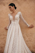 Elegant A-Line Wedding Dresses Deep V Neck Long Sleeves Bridals Party Gowns with Train Brides Evening Dresses for Women