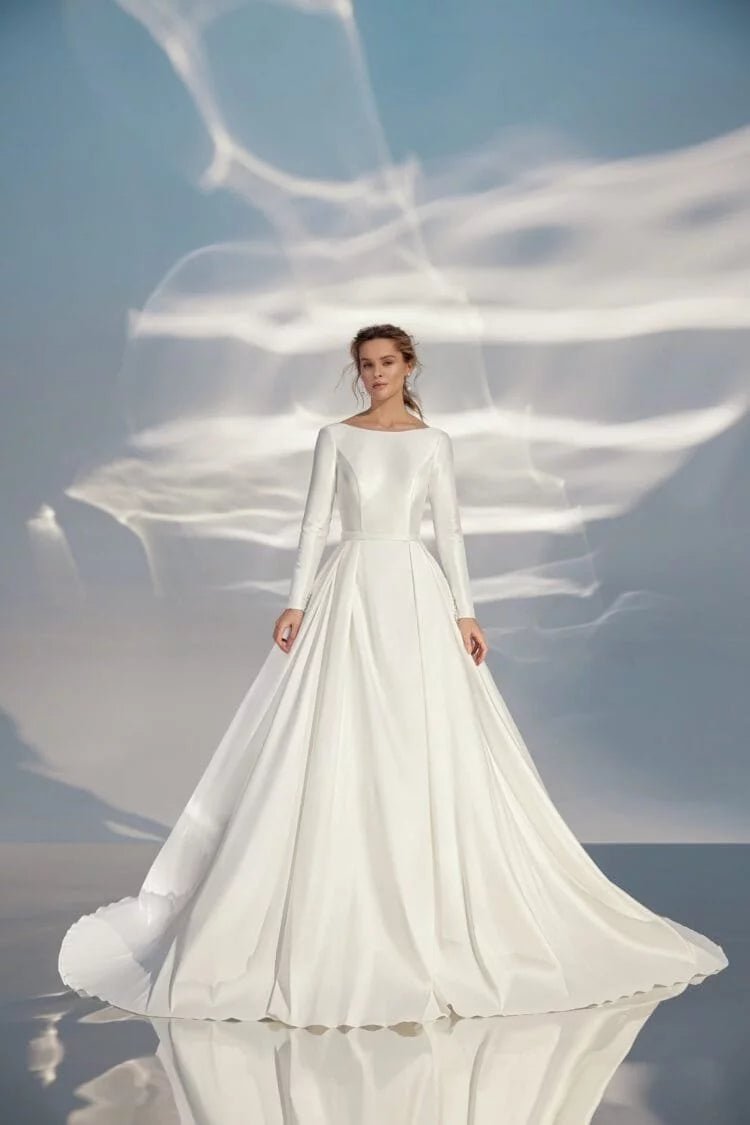 Elegant A-Line Wedding Gown with Long Sleeves, High Neckline, and a Flattering Natural Waistline – Minimalist Bridal Dress