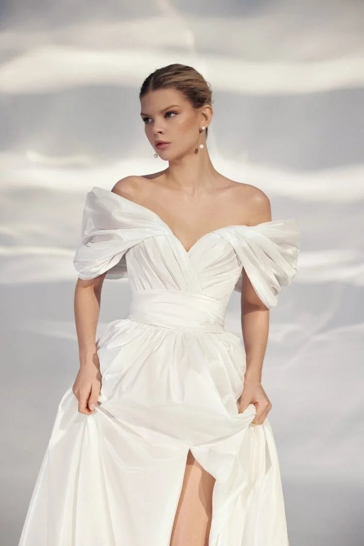 Elegant A-Line Wedding Gown with Off-the-Shoulder Sweetheart Neckline, Bant Embellishment, and a Flattering Natural Waistline – Romantic Puffy Bridal Dress