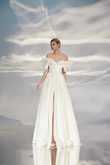 Elegant A-Line Wedding Gown with Off-the-Shoulder Sweetheart Neckline, Bant Embellishment, and a Flattering Natural Waistline – Romantic Puffy Bridal Dress