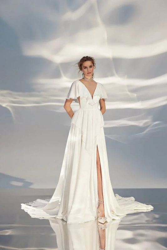 Elegant A-Line Wedding Gown with Off-the-Shoulder V-Neckline and a Flattering Natural Waistline – Simple yet Sophisticated Bridal Dress