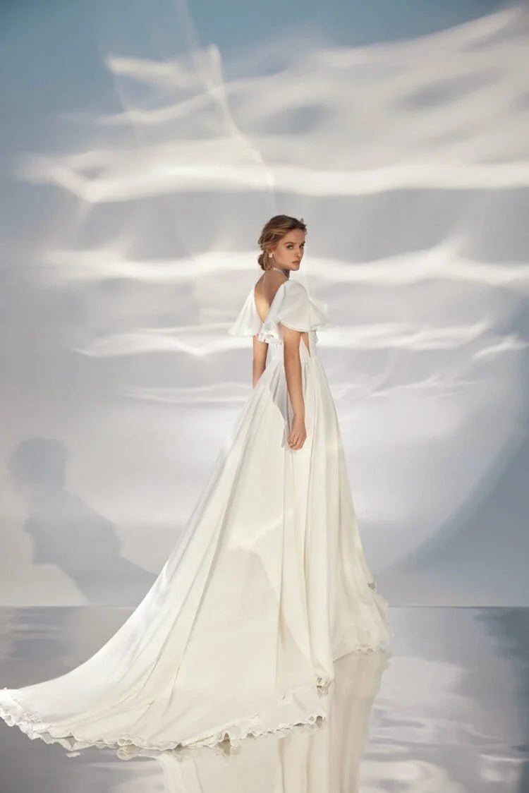 Elegant A-Line Wedding Gown with Off-the-Shoulder V-Neckline and a Flattering Natural Waistline – Simple yet Sophisticated Bridal Dress