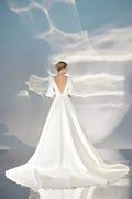 Elegant A-Line Wedding Gown with Puff Sleeves, Boat Neckline, and a Flattering Natural Waistline – Romantic Bridal Dress