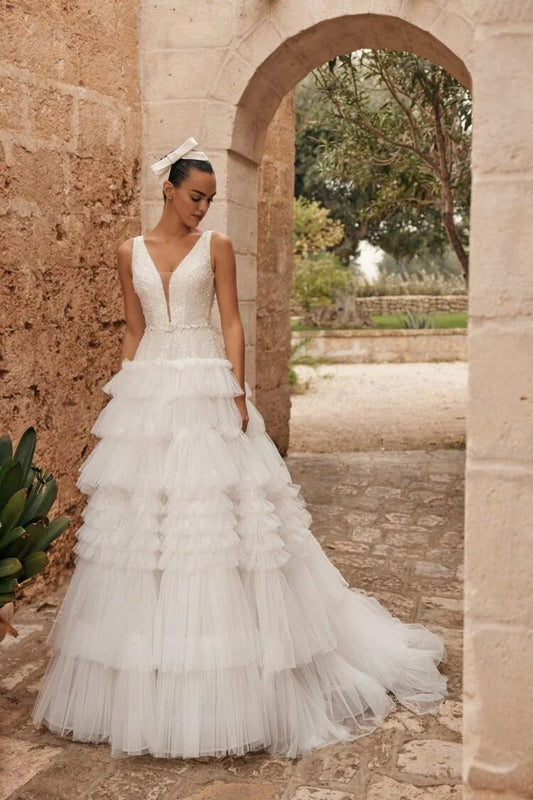 Elegant Puffy A-Line Wedding Dress – Strapless V-Neck Design with Glitter Embellishments and Natural Waistline for a Stunning Bridal Look - Camilla's