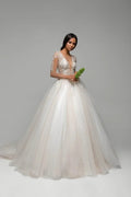 Elegant Puffy A-Line Wedding Gown with Long Sleeves, V-Neckline, and Lace Embellishments for a Graceful Bridal Look