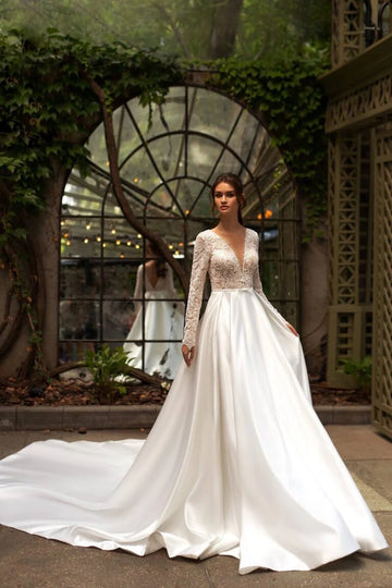 Timeless A-Line Wedding Gown with Long Sleeves, V-Neckline, and a Flattering Dropped Waist for an Elegant Bridal Look