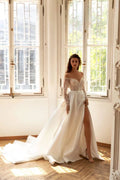 Romantic A-Line Wedding Gown with Long Sleeves, Off-Shoulder Neckline, and a Flattering Dropped Waist for a Timeless Bridal Look