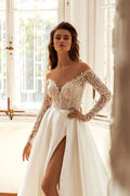 Romantic A-Line Wedding Gown with Long Sleeves, Off-Shoulder Neckline, and a Flattering Dropped Waist for a Timeless Bridal Look