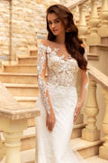 Elegant Mermaid Wedding Gown with Long Sleeves, Boat Neckline, and a Flattering Natural Waist for a Sophisticated Bridal Look