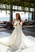 Stunning Mermaid Wedding Gown with Spaghetti Straps, V-Neckline, and a Flattering Natural Waist for a Sophisticated Bridal Look