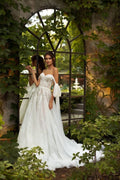 Elegant A-Line Wedding Gown with Off-Shoulder Neckline, Delicate Beaded Lace Details, and a Flattering Dropped Waist for a Breathtaking Bridal Look