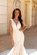 Glamorous Mermaid Wedding Gown with Spaghetti Straps, V-Neckline, and a Flattering Dropped Waist for a Striking Bridal Look