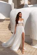 Timeless A-Line Wedding Gown with Off-Shoulder Neckline, Delicate Lace Details, and a Flattering Natural Waist for an Elegant Bridal Look