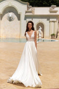 Ethereal A-Line Wedding Gown with Spaghetti Straps, V-Neckline, and a Flattering Natural Waist for a Graceful Bridal Look