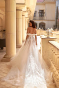 Romantic A-Line Wedding Gown with Off-Shoulder Neckline, Delicate Lace Details, and a Flattering Dropped Waist for a Timeless Bridal Look