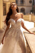 Romantic A-Line Wedding Gown with Off-Shoulder Neckline, Delicate Lace Details, and a Flattering Dropped Waist for a Timeless Bridal Look