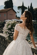 Majestic Ball Gown Wedding Dress with Elegant Long Sleeves, Off-Shoulder Neckline, and a Flattering Natural Waistline for a Breathtaking Bridal Look