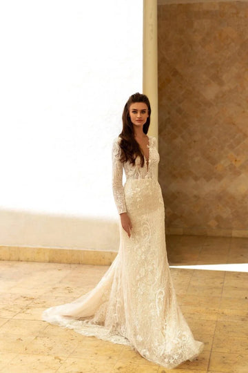 Sophisticated Sheath Wedding Gown with Long Sleeves, V-Neckline, and a Flattering Natural Waist for a Chic Bridal Look