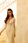 Sophisticated Sheath Wedding Gown with Long Sleeves, V-Neckline, and a Flattering Natural Waist for a Chic Bridal Look