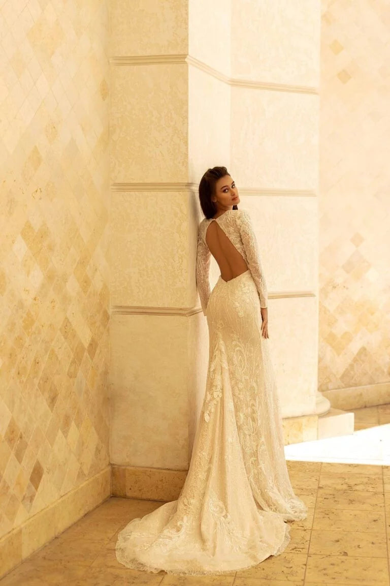 Sophisticated Sheath Wedding Gown with Long Sleeves, V-Neckline, and a Flattering Natural Waist for a Chic Bridal Look