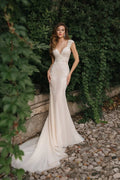 Sophisticated Mermaid Wedding Dress with Cap Sleeves, Queen Anne Neckline, and a Flattering Natural Waistline for an Elegant Bridal Look