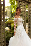 Elegant A-Line Wedding Gown with Off-Shoulder Neckline, Long Sleeves, and a Graceful Dropped Waist for a Breathtaking Bridal Look