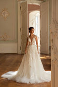 Romantic A-Line Wedding Gown with Long Sleeves, V-Neckline, and a Graceful Dropped Waist for an Enchanting Bridal Look