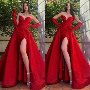 Wine Red Prom Dress Strapless Heart Neck Wedding Dresses Elegant Sleeveless Floor-Length Side Split Vestidos De Fiesta