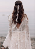 Dreamy A-Line Beach Wedding Gown with Long Sleeves, V-Neckline & Flattering Natural Waistline for a Breathtaking Boho Bridal Look