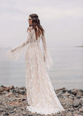 Dreamy A-Line Beach Wedding Gown with Long Sleeves, V-Neckline & Flattering Natural Waistline for a Breathtaking Boho Bridal Look