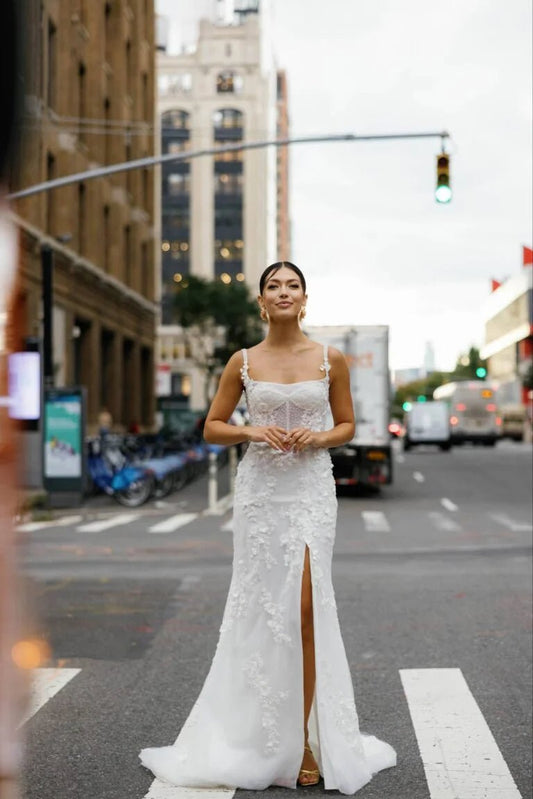 Fancy Square Collar Wedding Dress Zipper Trumpet Slit Chapel Train Tulle Sleeveless Abito Da Sposa Customized Plus Size