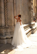 Trendy A-line Wedding Dresses Appliques Spaghetti Straps Illusion Draped Bridal