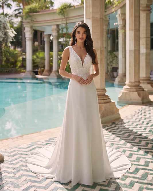 Simple Sleeveless Wedding Dresses Women's A Line Sexy V Neck Backless Appliques Bridal Gowns Formal Sweep Train Robe De Mariée