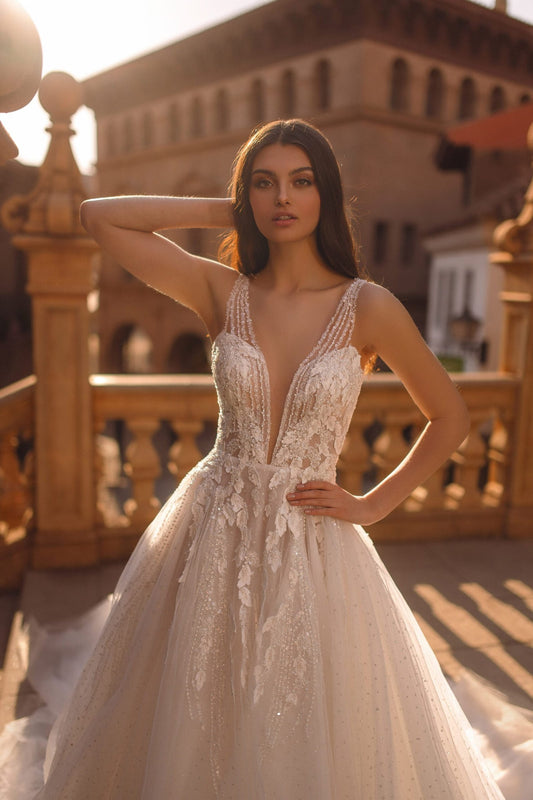 Ethereal A-Line Wedding Gown with Delicate Lace, 3D Flowers, and Sequined Tulle for a Dreamy, Enchanted Bridal Look