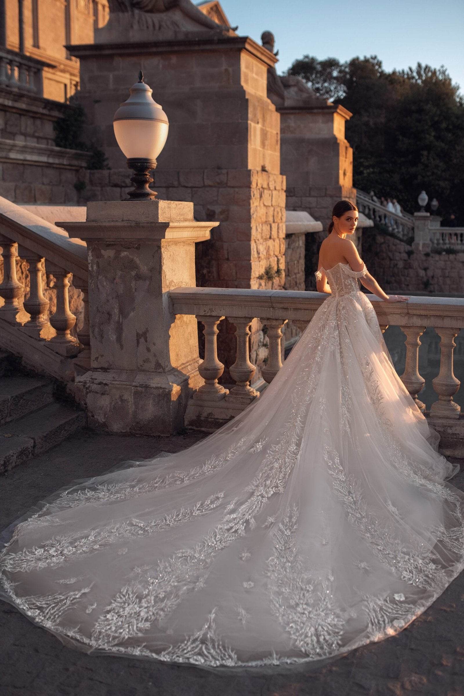 Ethereal A-Line Wedding Gown with Shimmering 3D Floral Lace, Sparkling Sequins, and Flowing Tulle Skirt for a Magical Bridal Look