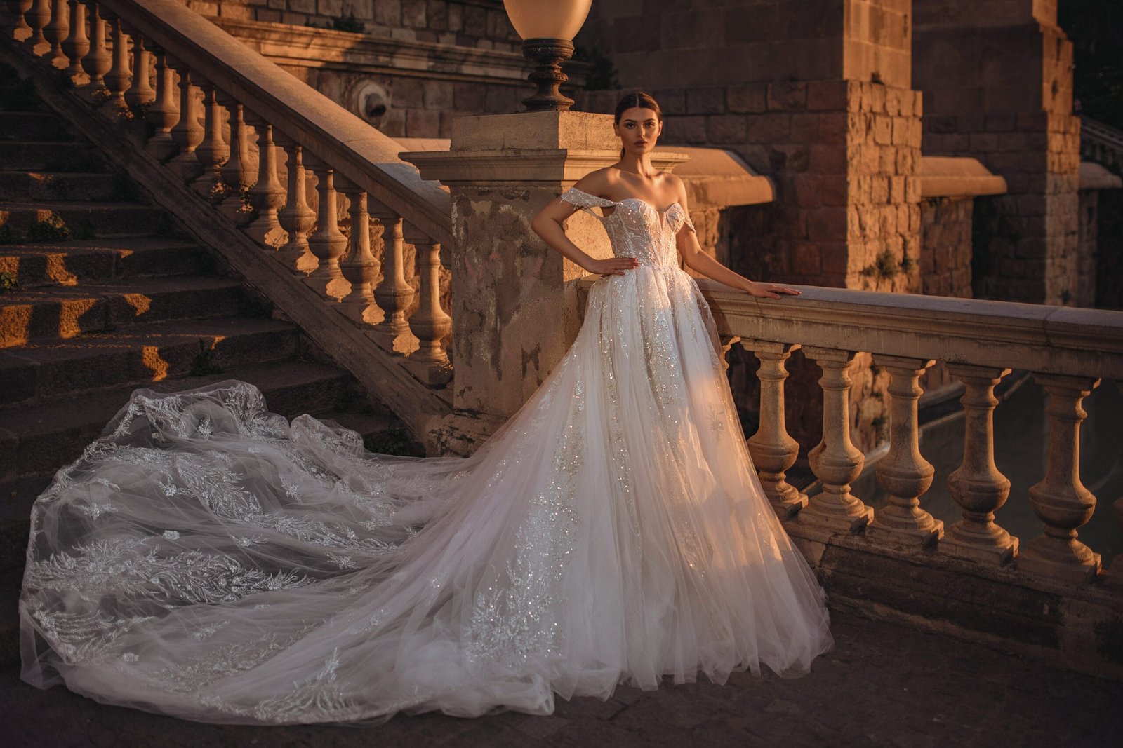 Ethereal A-Line Wedding Gown with Shimmering 3D Floral Lace, Sparkling Sequins, and Flowing Tulle Skirt for a Magical Bridal Look