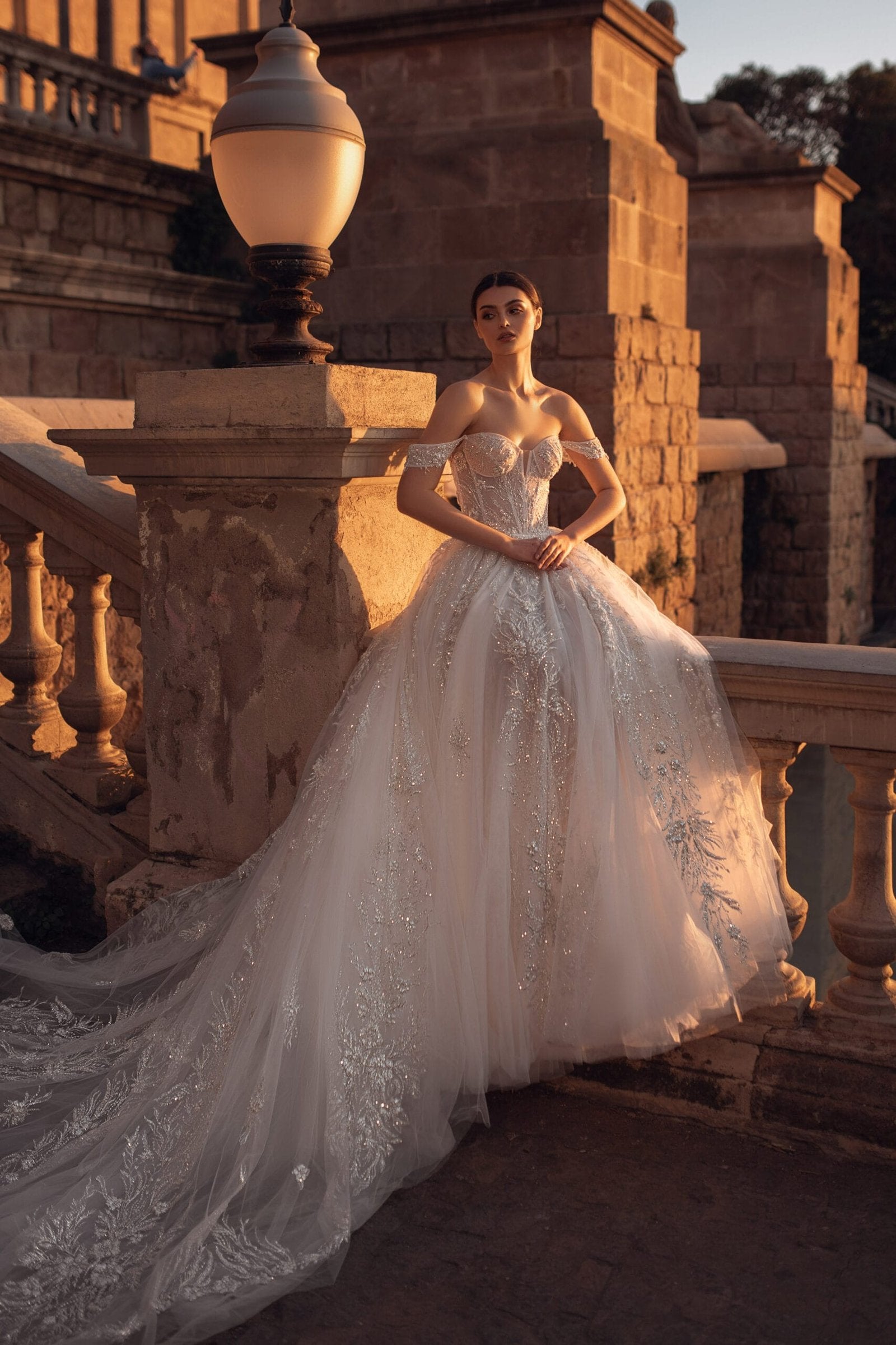 Ethereal A-Line Wedding Gown with Shimmering 3D Floral Lace, Sparkling Sequins, and Flowing Tulle Skirt for a Magical Bridal Look